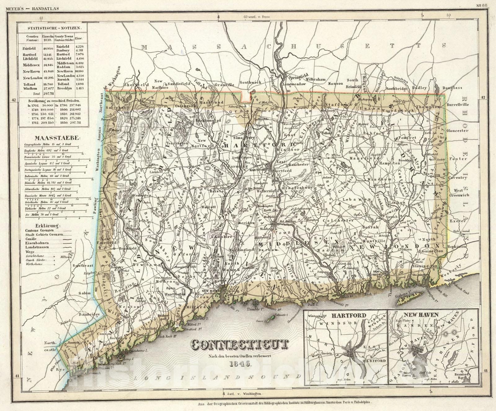 Historic Map : Connecticut., 1846, Vintage Wall Art