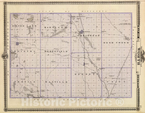 Historic Map : Map of Worth County, State of Iowa., 1875, Vintage Wall Art
