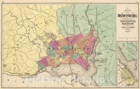 Historic Map : Map of the District of Columbia, Washington, Georgetown, and Alexandria., 1873, Vintage Wall Art