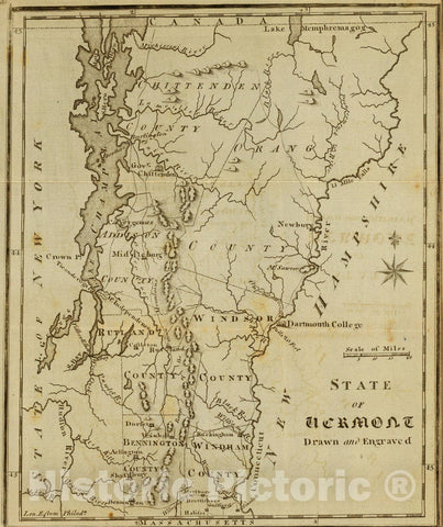 Historic Map : State of Vermont Drawn and Engraved., 1795, Vintage Wall Art