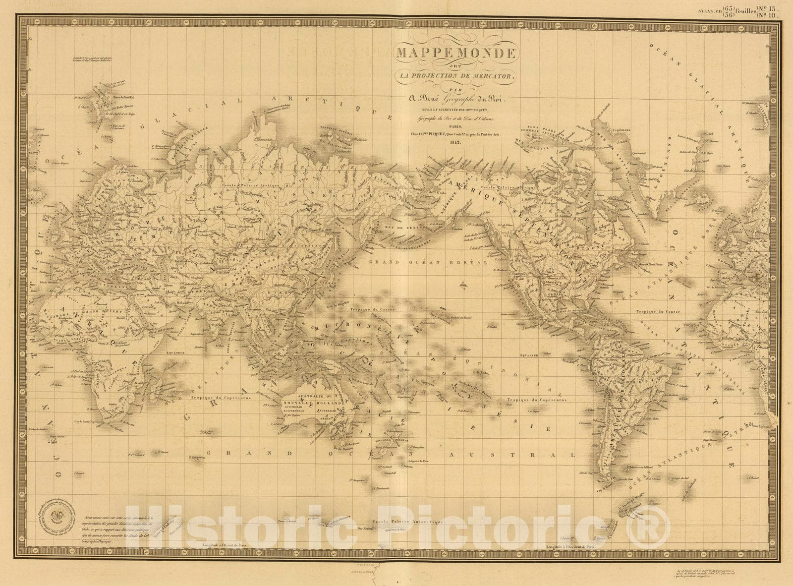 Historic Map : Mappemonde aux la projection de Mercator., 1842, Vintage Wall Art