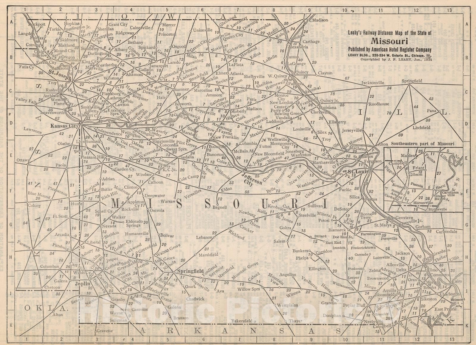 Historic Map : (Continues) Railway Distance Map of the State of Missouri, 1934, Vintage Wall Art