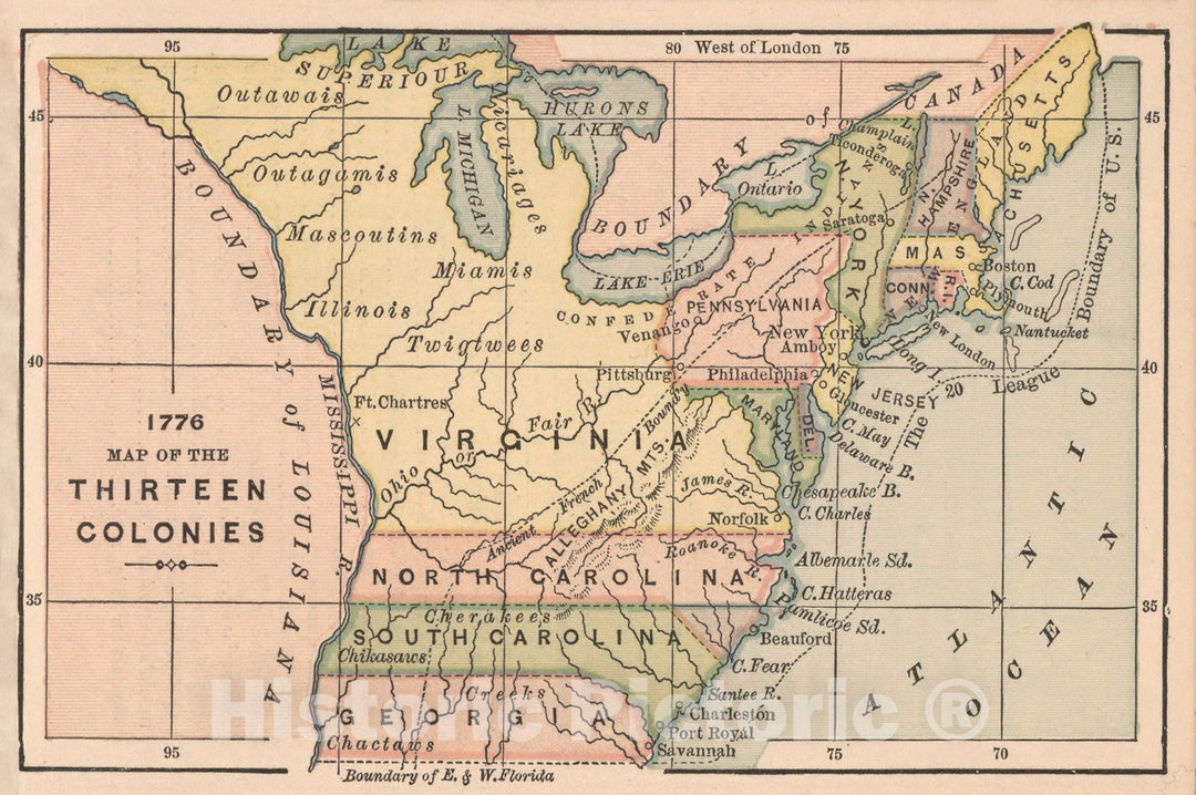 Historic Map : 1776 Map of the Thirteen Colonies, 1885, Vintage Wall Art