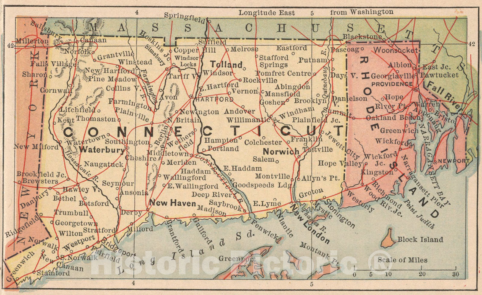 Historic Map : Rhode Island, Connecticut, 1885, Vintage Wall Art