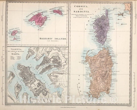 Historic Map : Corsica and Sardinia. Balearic Islands. Valetta, the Capital of the Island of Malta., 1865, Vintage Wall Art