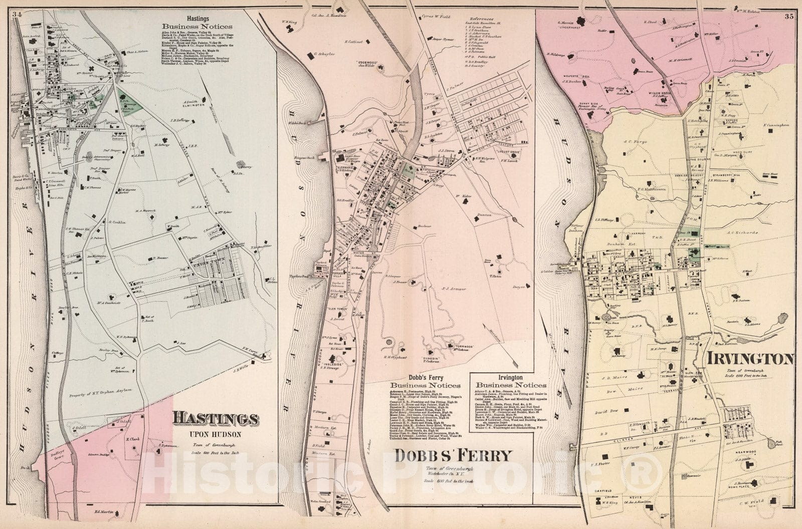 Historic Map : Hastings upon Hudson. Dobbs' Ferry. Irvington, New York., 1872, Vintage Wall Art