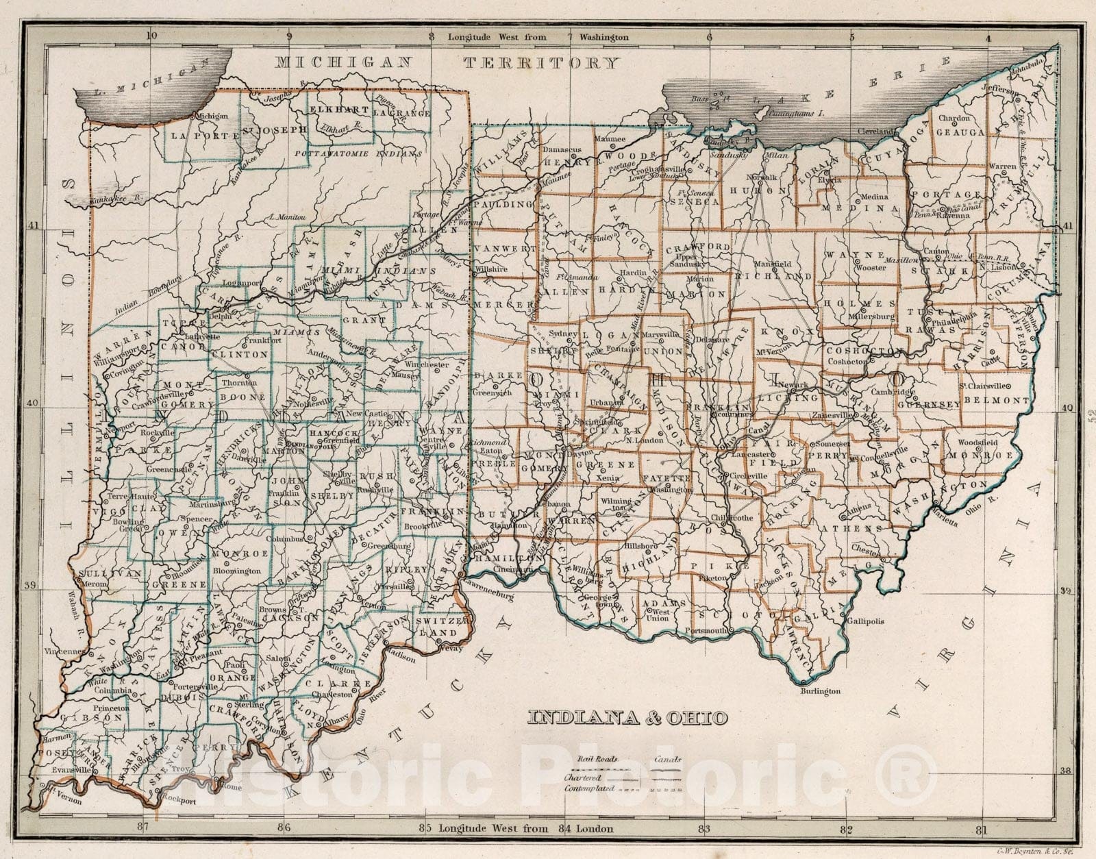 Historic Map : Indiana and Ohio, 1838, Vintage Wall Art