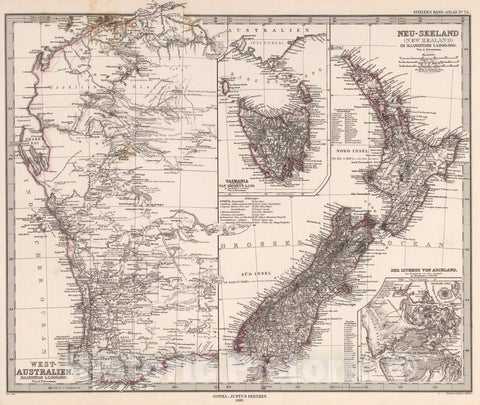 Historic Map : West-Australien. Neu-Zeeland. Tasmania, van Damien's Land. Der Isthmus von Auckland. (Australia, New Zealand)., 1880, Vintage Wall Art