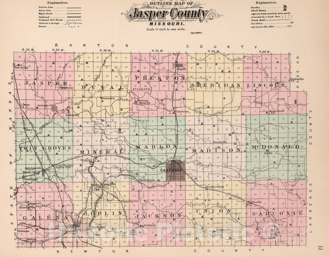 Historic Map : Outline Map of Jasper County, Missouri., 1895, Vintage Wall Art