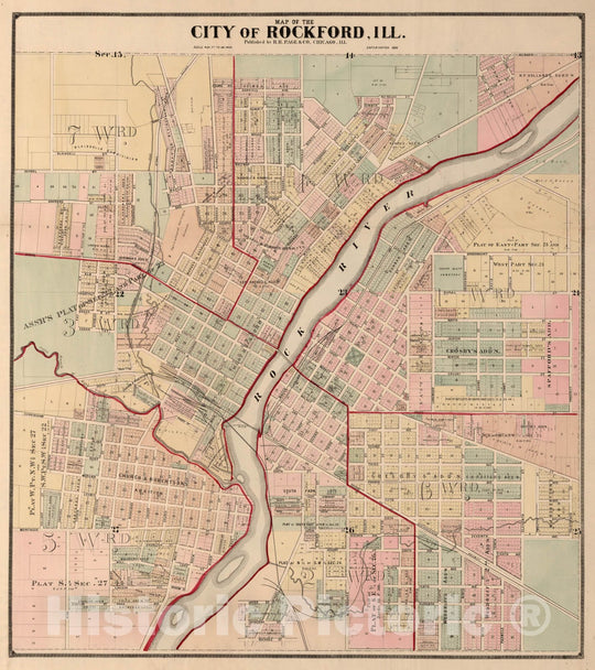 Historic Map : City of Rockford, Illinois., 1886, Vintage Wall Art