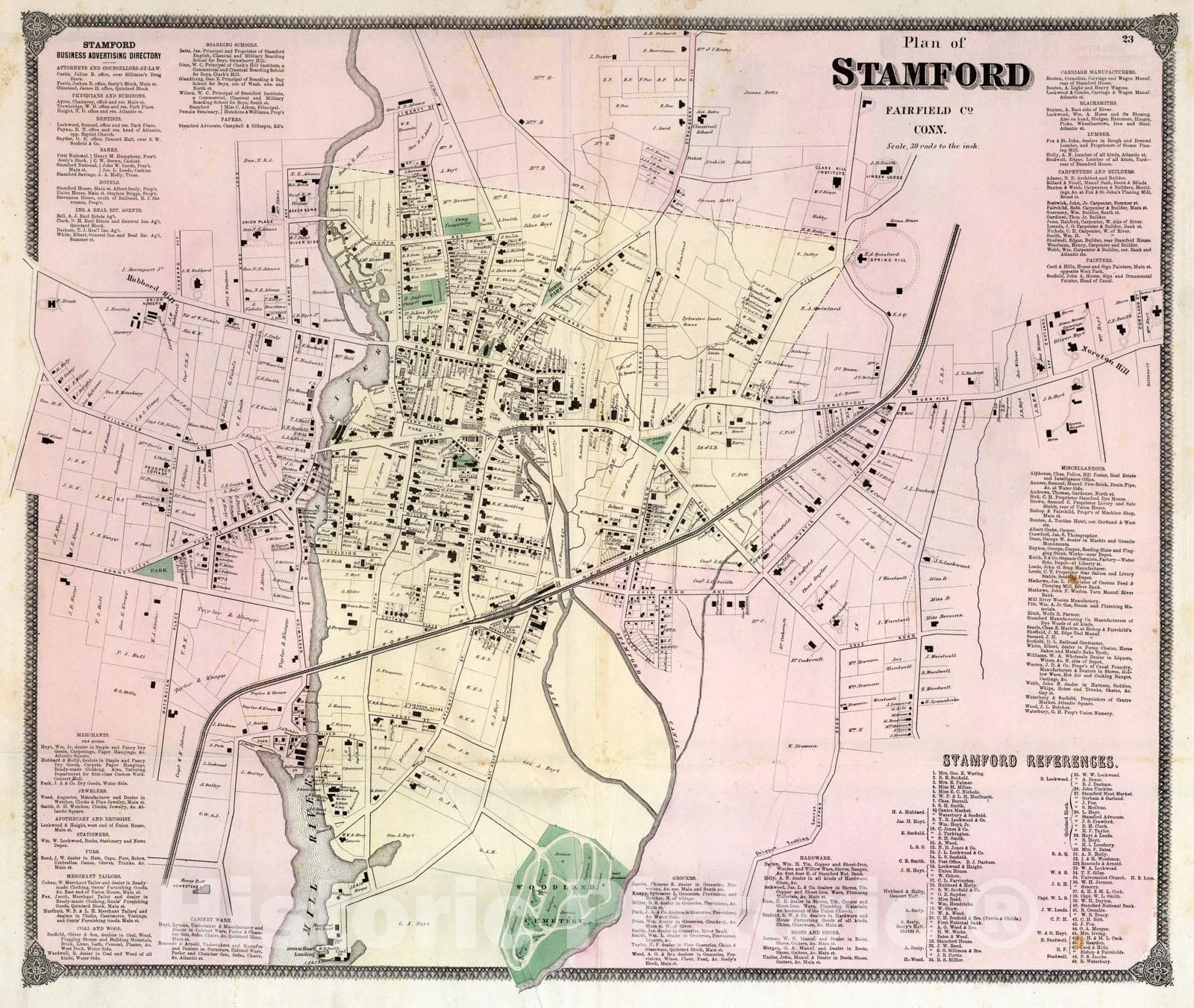 Historic Map Plan of Stamford, Connecticut., 1867, Vintage Wall Art Historic Pictoric