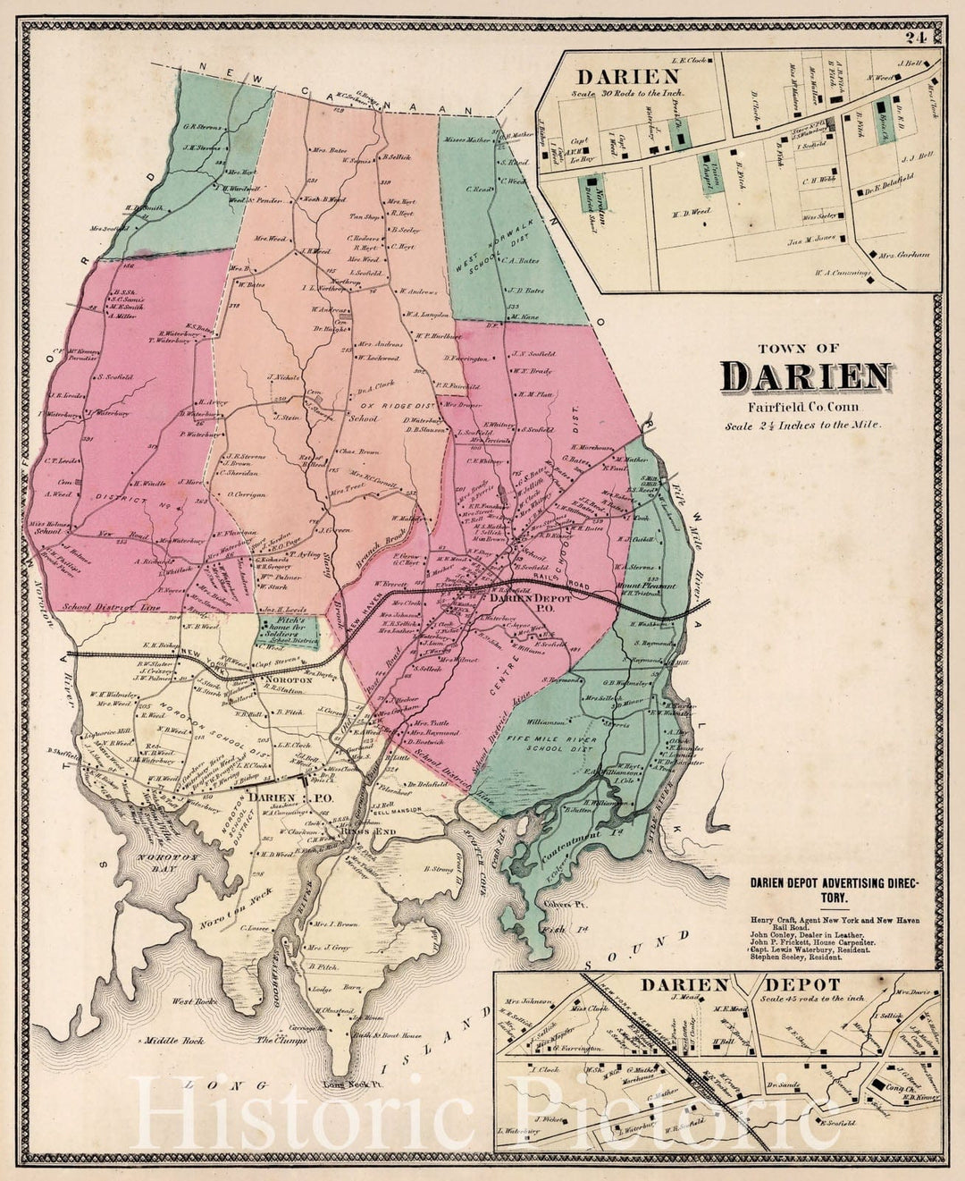 Historic Map : Town of Darien, Fairfield County, Connecticut. (inset) Darien. Darien Depot., 1867, Vintage Wall Art
