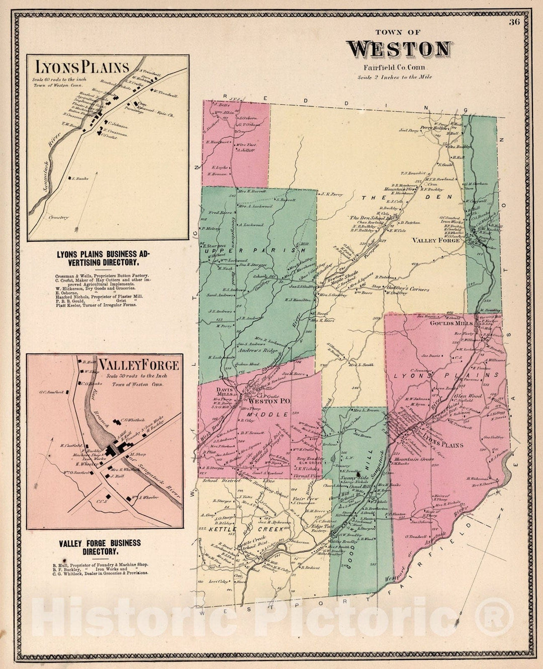 Historic Map : Town of Weston, Fairfield County, Connecticut., 1867, Vintage Wall Art