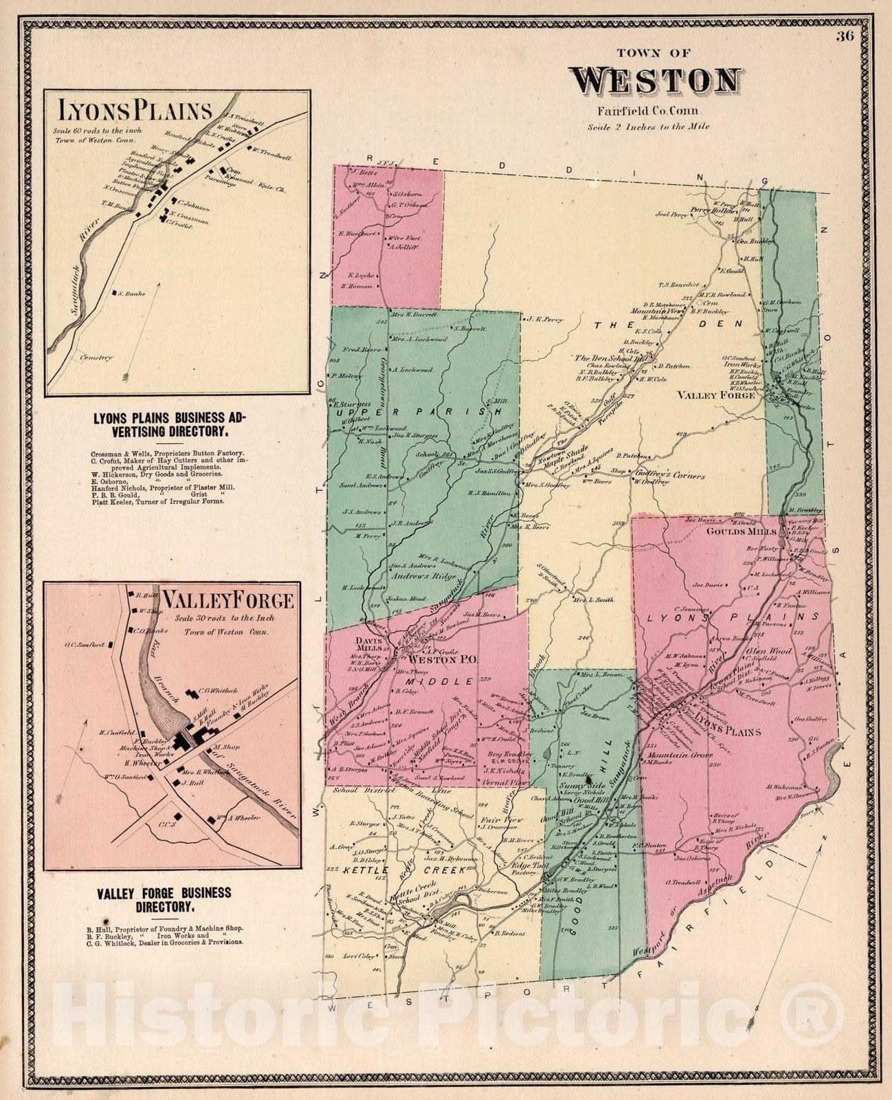 Historic Map : Town of Weston, Fairfield County, Connecticut., 1867, Vintage Wall Art