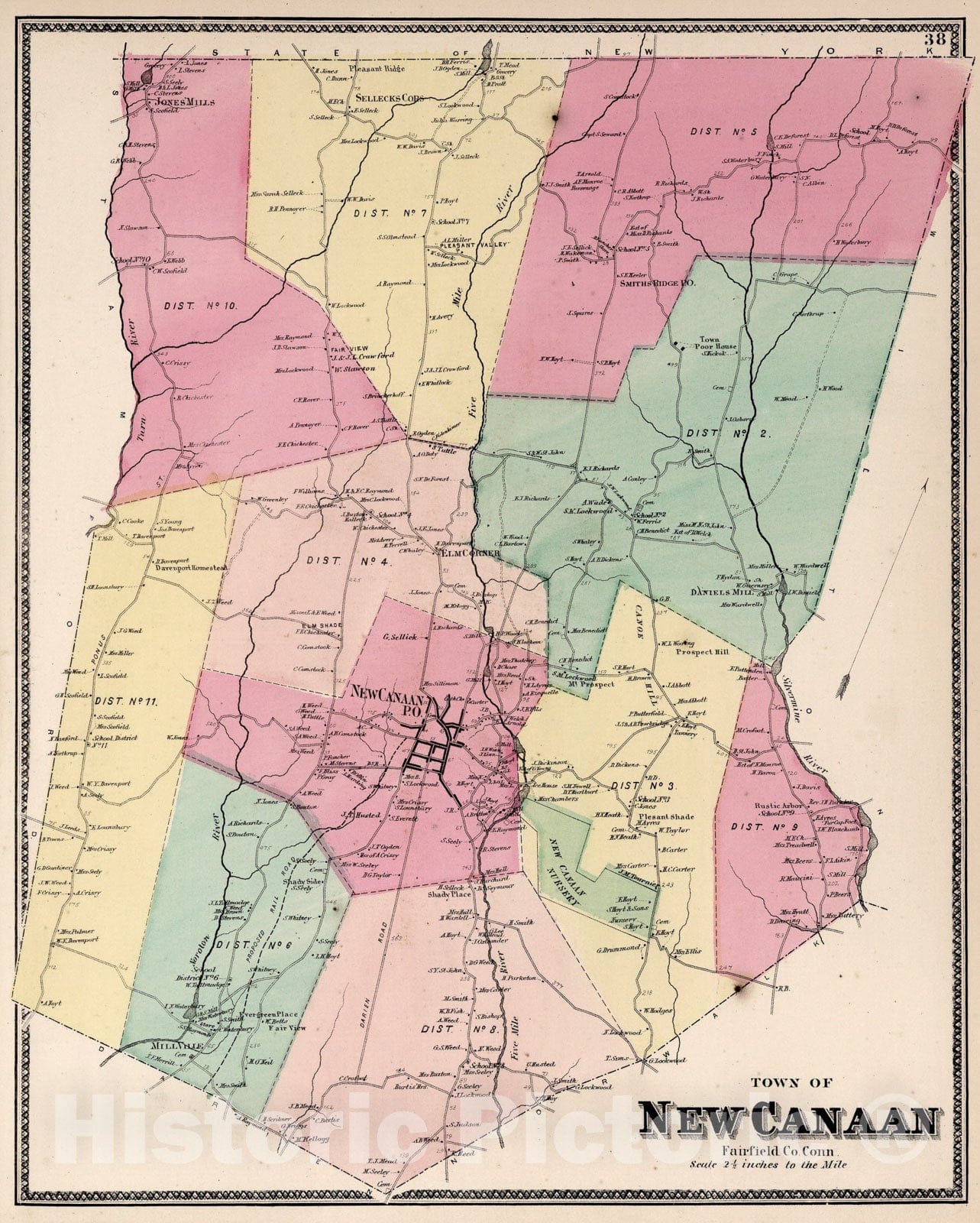 Historic Map : Town of New Canaan, Fairfield County, Connecticut., 1867, Vintage Wall Art