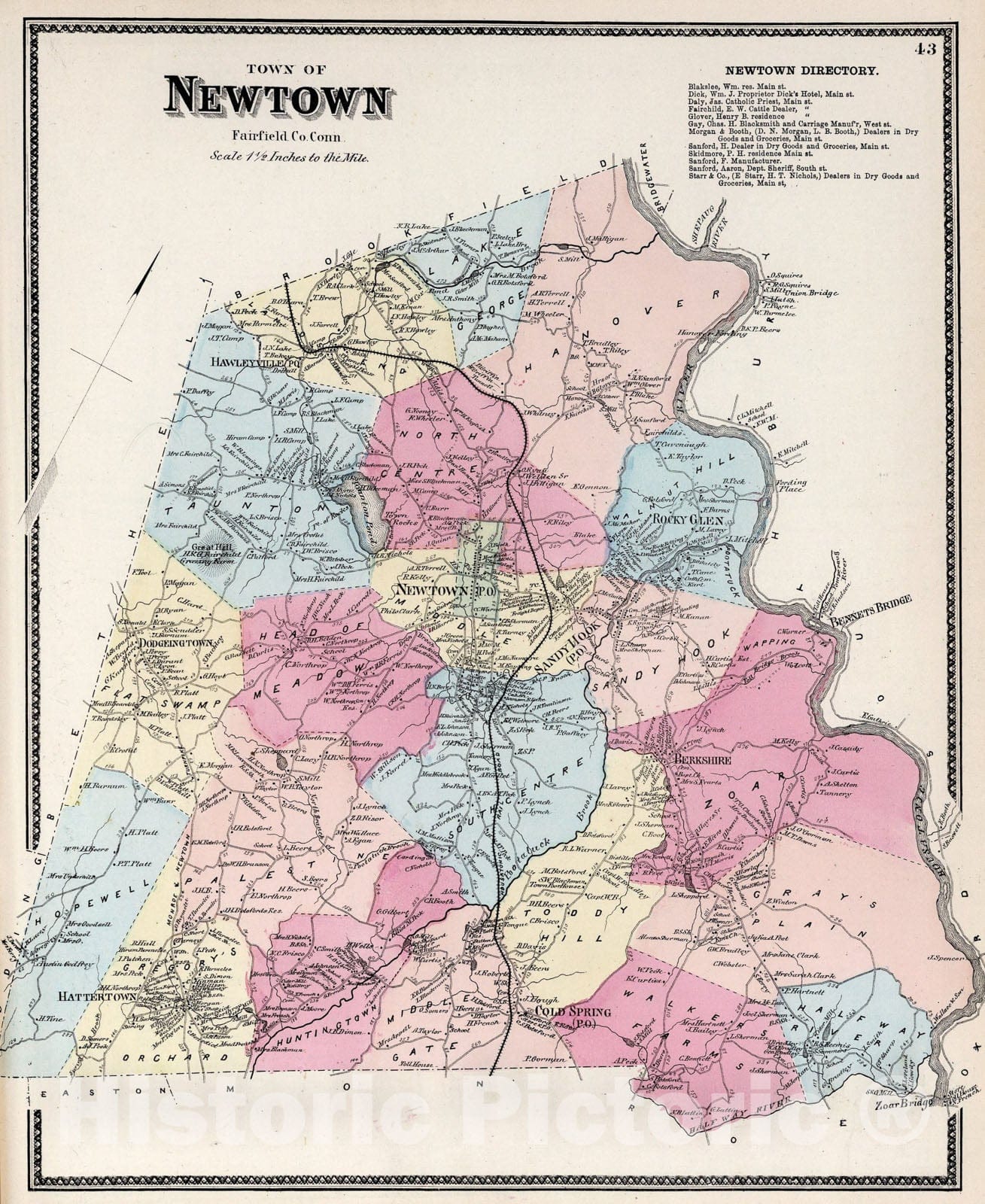 Historic Map : Town of Newtown, Fairfield County, Connecticut., 1867, Vintage Wall Art