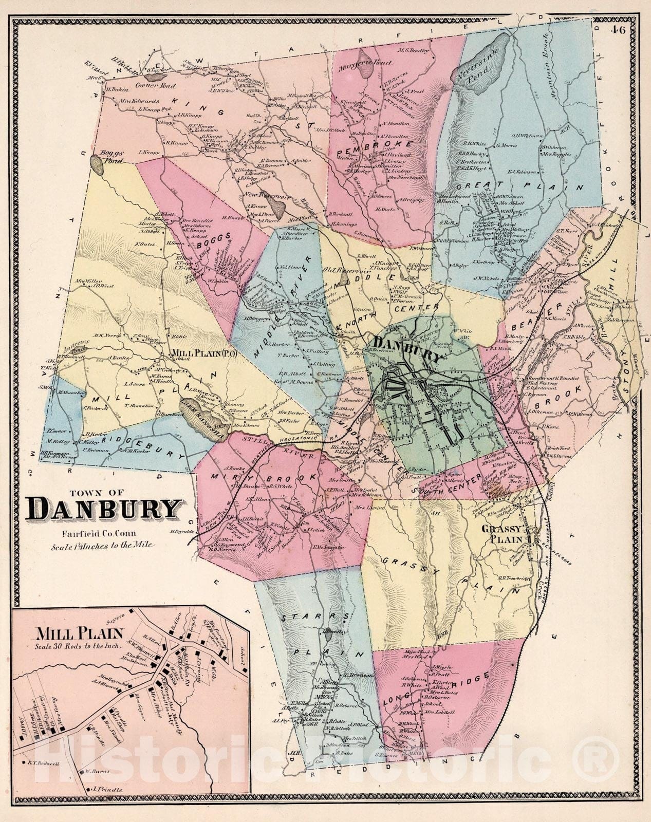 Historic Map : Town of Danbury, Fairfield County, Connecticut. (inset) Mill Plain., 1867, Vintage Wall Art