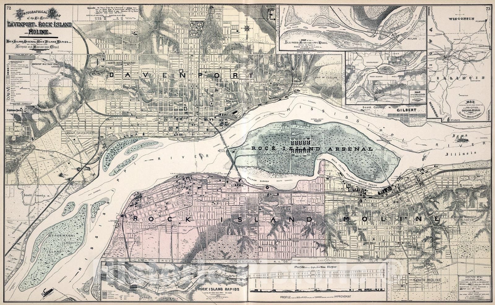 Historic Map : Tri-Cities Davenport, Iowa, Rock Island and Moline ILL, Rapids., 1894, Vintage Wall Art