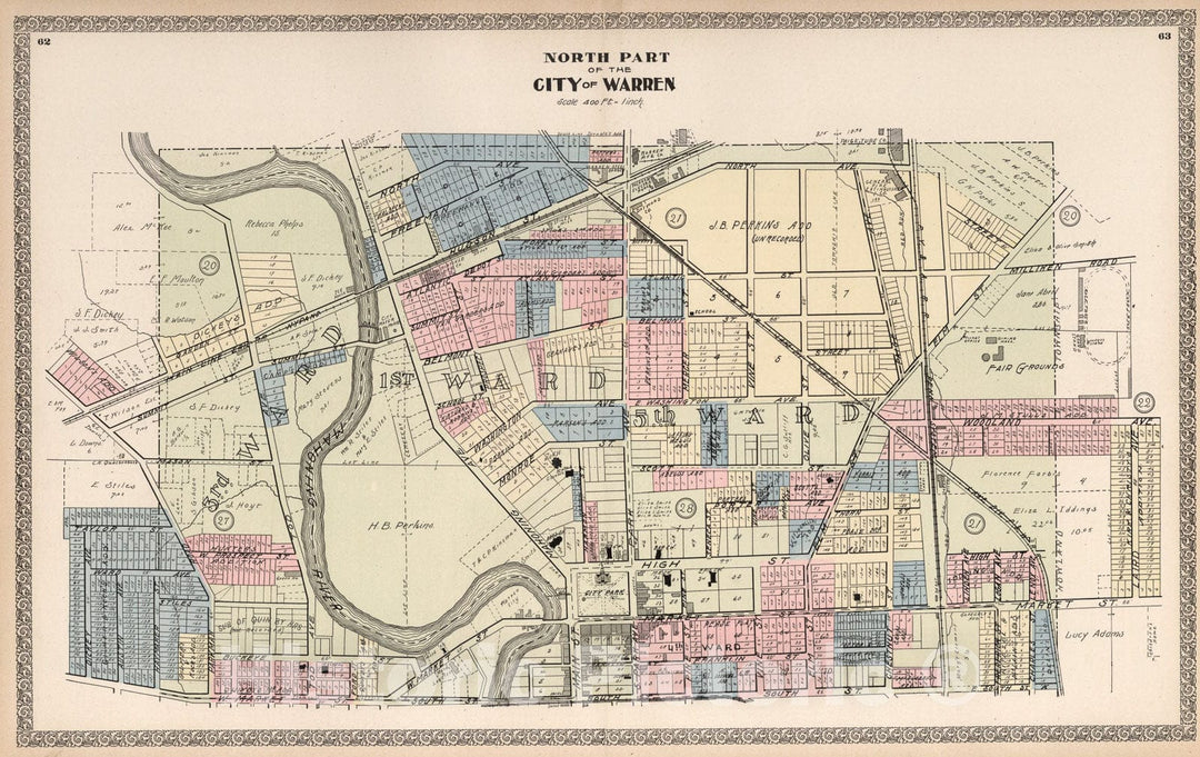 Historic Map : North Part of the City of Warren, Ohio., 1899, Vintage Wall Art
