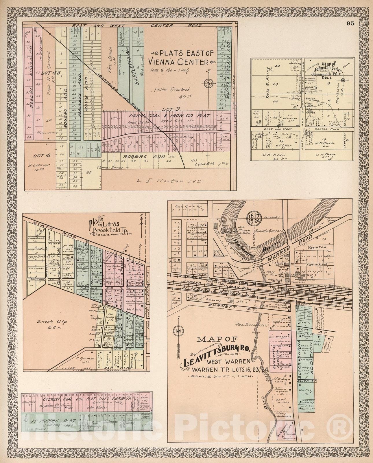 Historic Map : Plats East of Vienna Center. Map of Leavittsburg P.O. Map of Johnston Center, Johnstonville P.O., Ohio., 1899, Vintage Wall Art