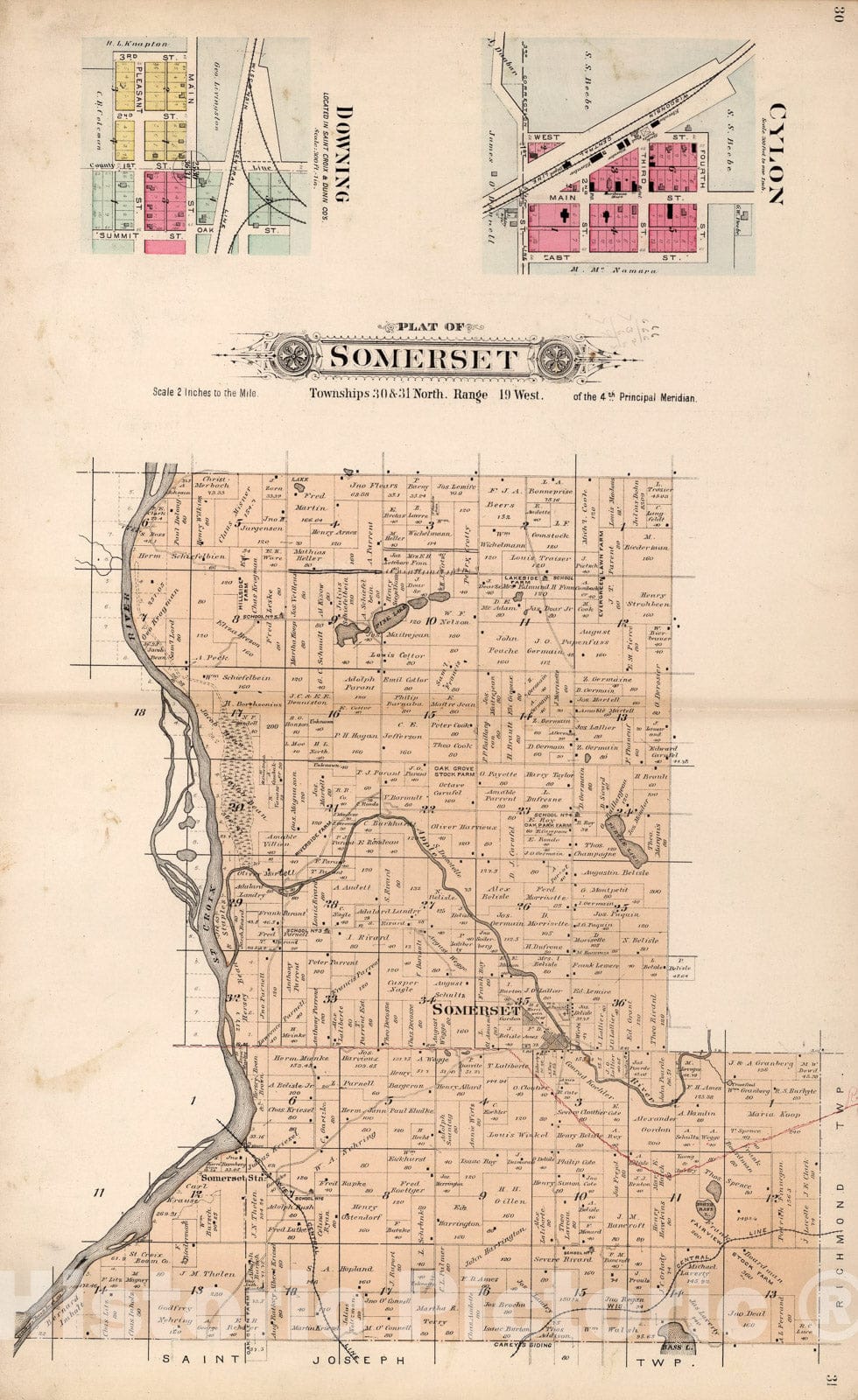 Historic Map : Somerset, Saint Croix County, Wisconsin. Cylon. Downing, 1897, Vintage Wall Art