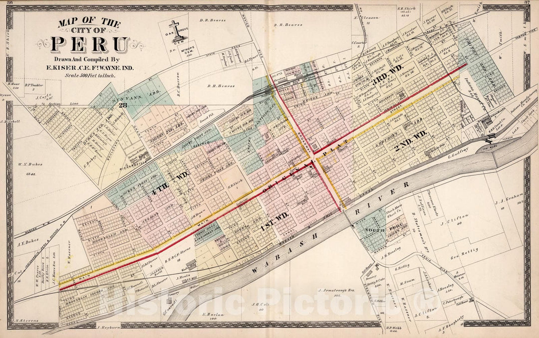 Historic Map : City of Peru, Indiana., 1877, Vintage Wall Art