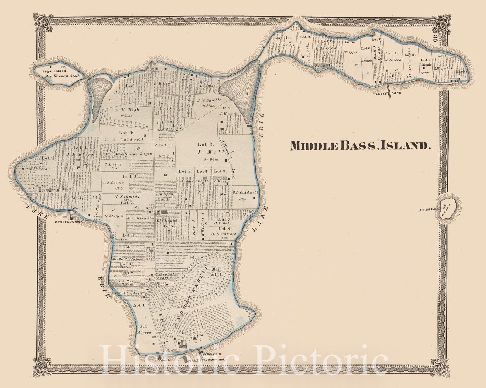 Historic Map : Middle Bass Island, Ottawa County, Ohio., 1874, Vintage Wall Art