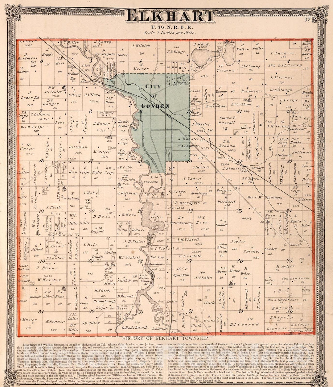 Historic Map : Elkhart Township, Elkhart County, Indiana., 1874, Vintage Wall Art