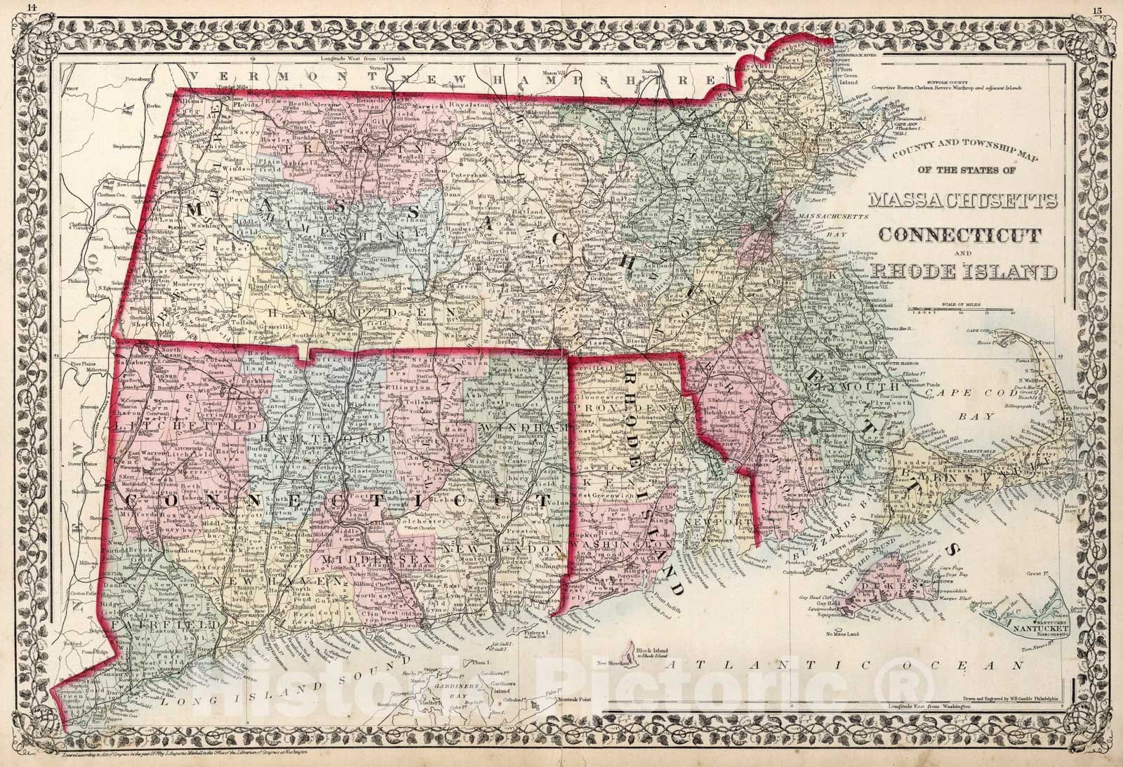 Historic Map : County and township map of the states of Massachusetts, Connecticut and Rhode Island, 1874, Vintage Wall Art