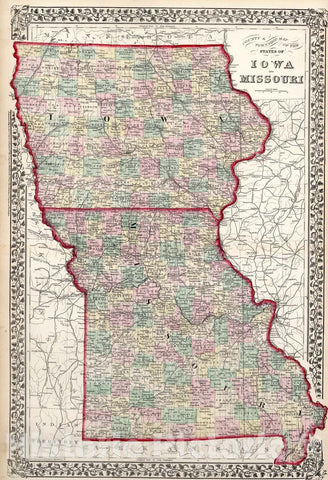 Historic Map : County & township map of the states of Iowa and Missouri, 1874, Vintage Wall Art