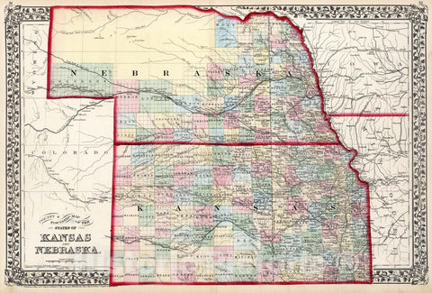 Historic Map : County & township map of the states of Kansas and Nebraska., 1874, Vintage Wall Art
