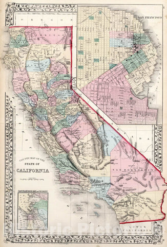 Historic Map : County map of the state of California, 1874, Vintage Wall Art