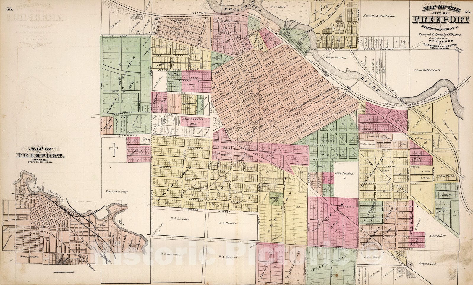 Historic Map : Freeport Township, Stephenson County, Illinois. Freeport., 1871, Vintage Wall Art