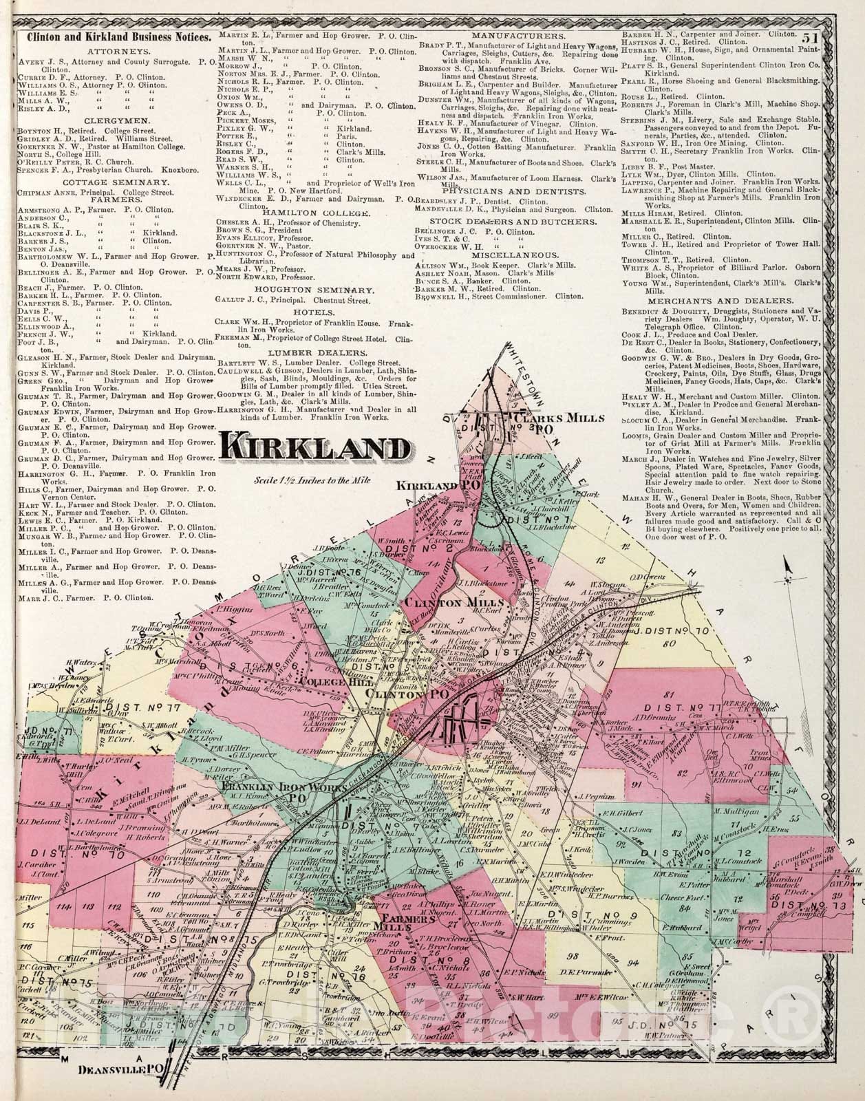 Historic Map : Kirkland, Oneida County, New York., 1874, Vintage Wall Art