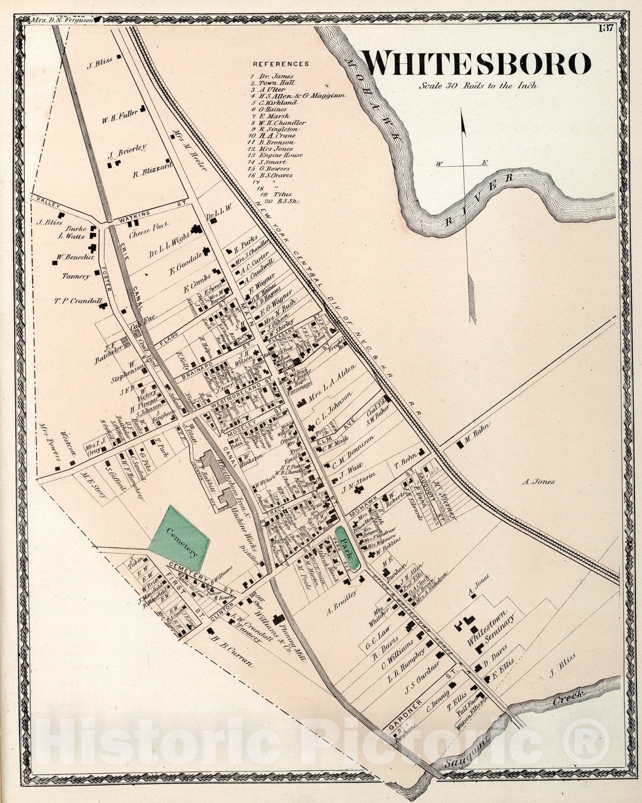 Historic Map Whitesboro, New York., 1874, Vintage Wall Art Historic