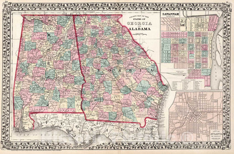 Historic Map : County map of the States of Georgia and Alabama, 1877, Vintage Wall Art