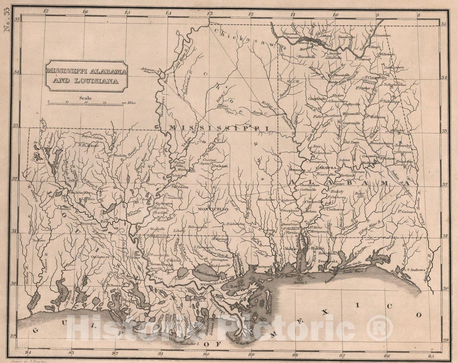Historic Map : Mississippi, Alabama and Louisiana, 1822, Vintage Wall Art