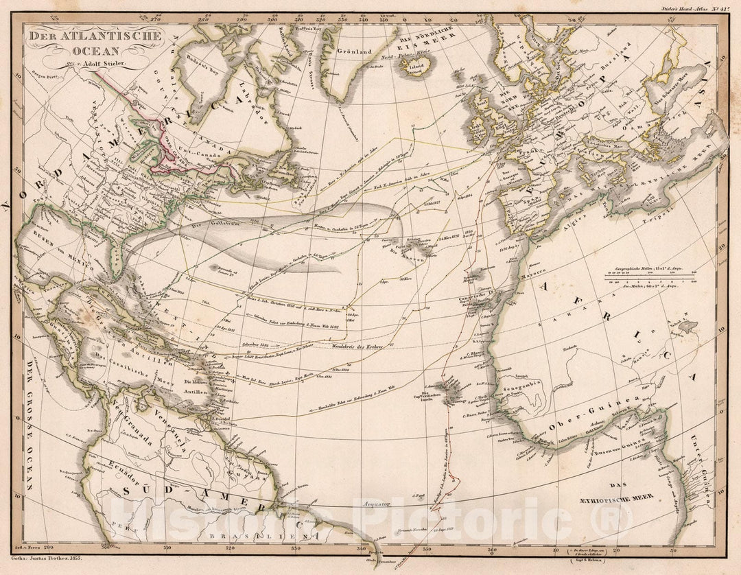 Historic Map : Der Atlantische Ocean. (Atlantic)., 1853, Vintage Wall Art