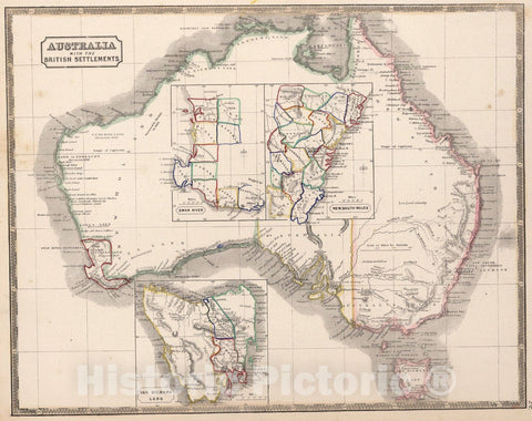 Historic Map : Australia with the British Settlements. (insets) Swan River. New South Wales. Van Diemans Land., 1848, Vintage Wall Art