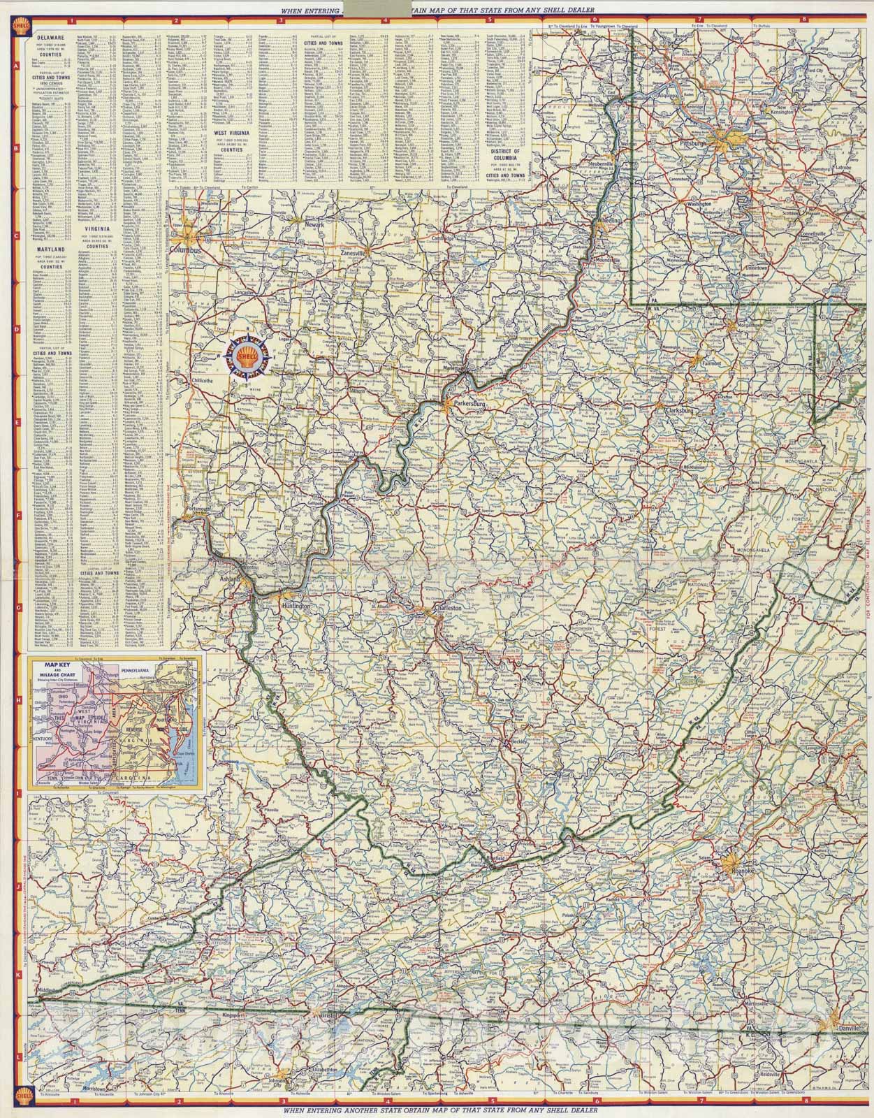 Historic Map : Shell Highway Map of Delaware - Maryland, Virginia, W. Virginia. (eastern portion)., 1956, Vintage Wall Art