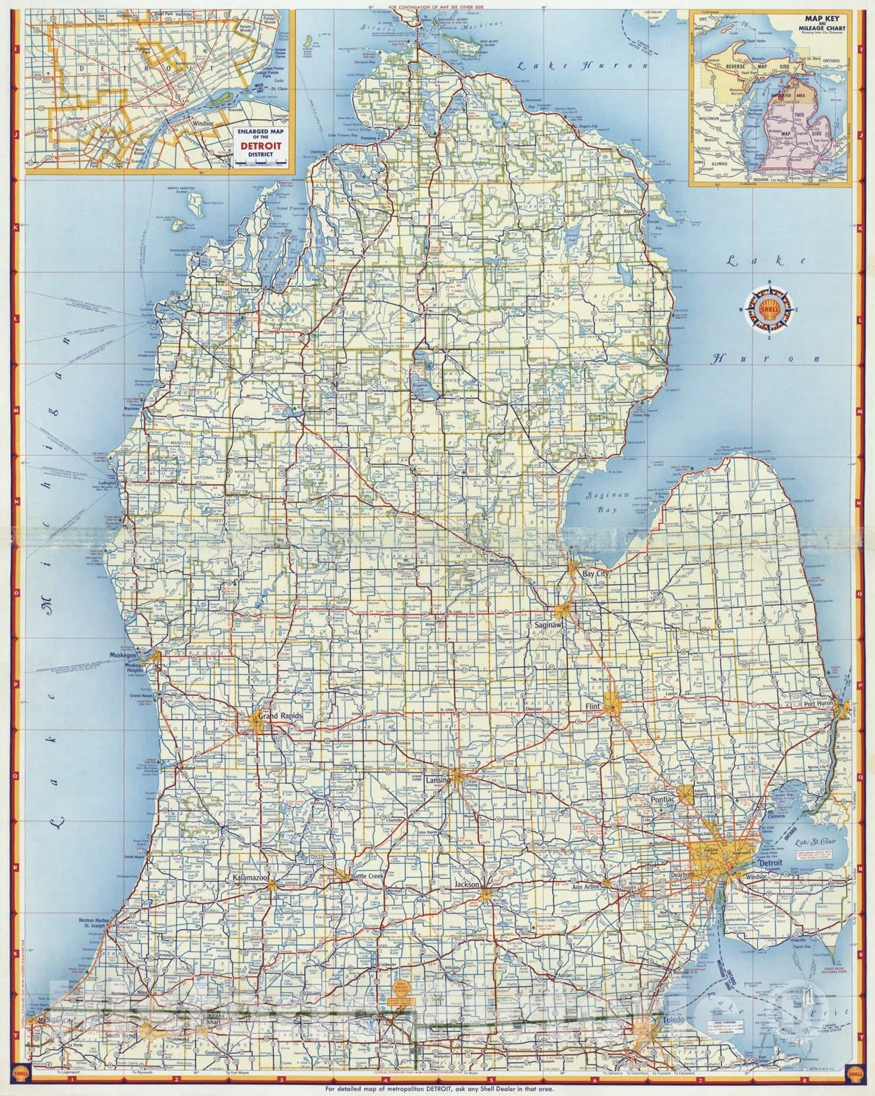 Historic Map : Shell Highway Map of Michigan (southern portion)., 1956, Vintage Wall Art