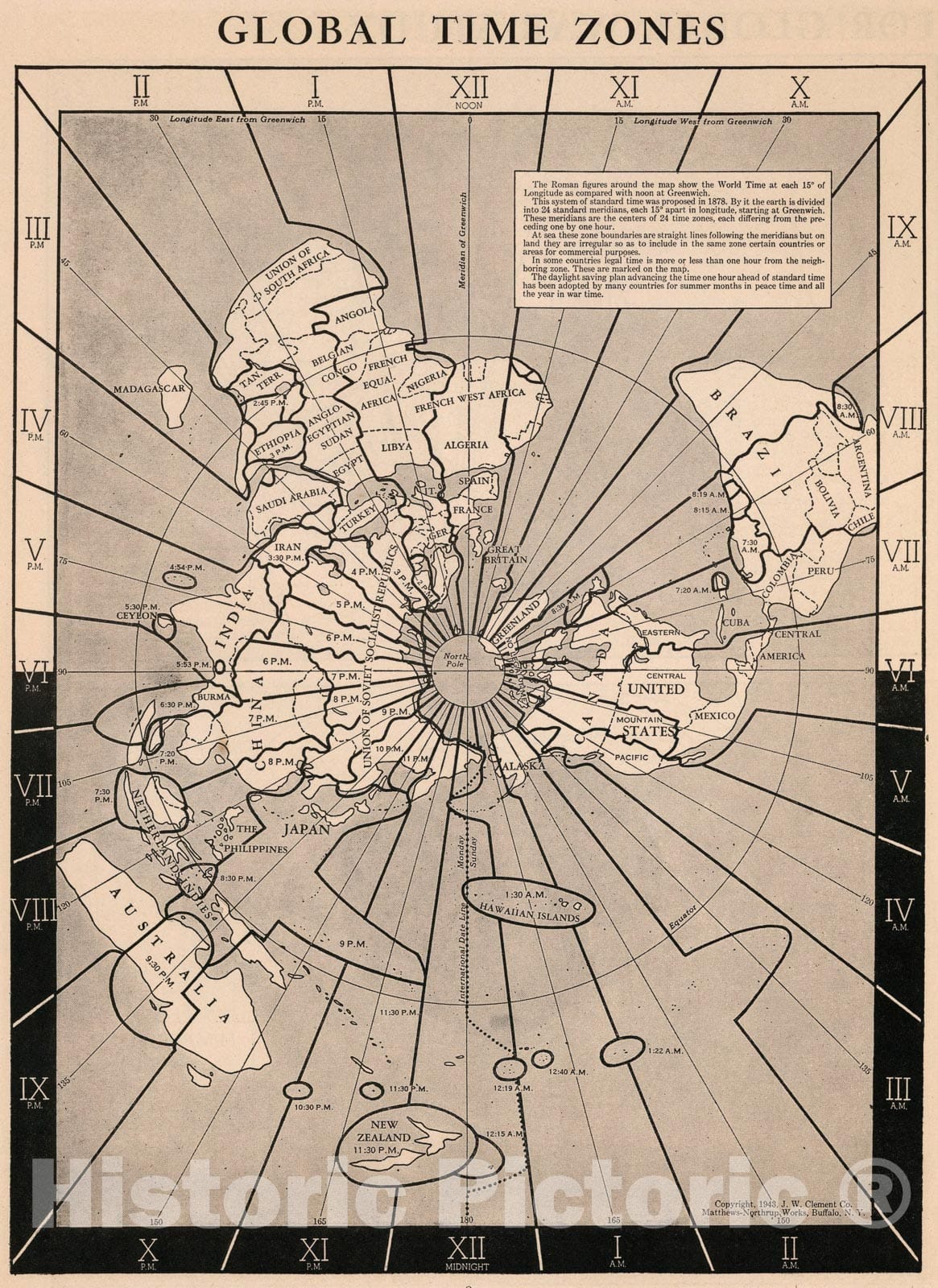 1980. Time Map Historic Map : Global time Zones, 1943, Vintage Wall Art – Historic ...