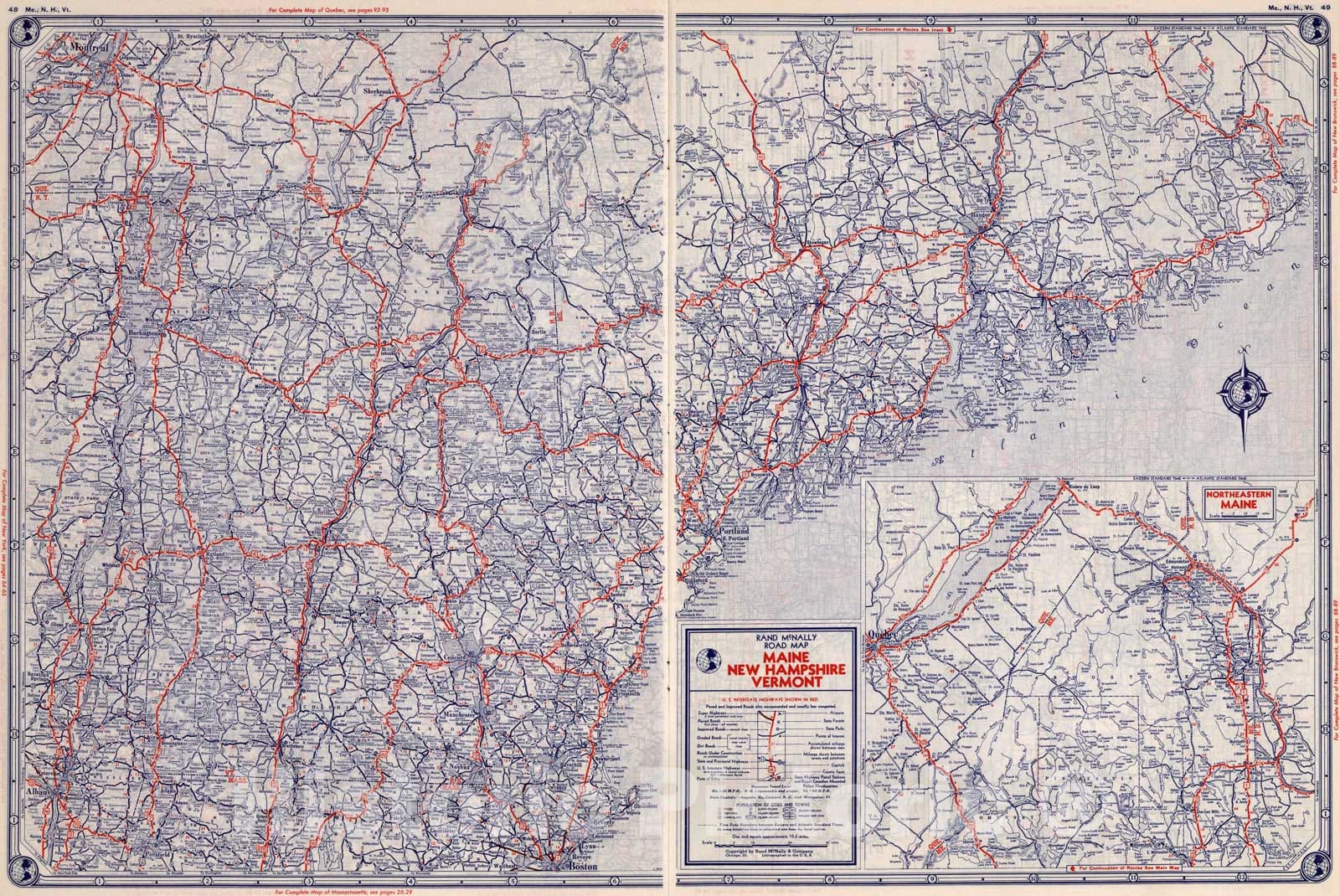 Historic Map : Rand McNally Road map: Maine, New Hampshire, Vermont, 1939, Vintage Wall Art