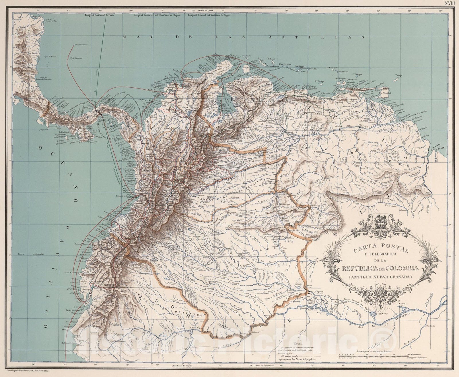 Historic Map : Carta postal y telegrafica de la Republica de Colombia (Antigua Nueva Granada), 1889, Vintage Wall Art