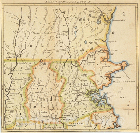 Historic Map : A Map of 100 Miles around Boston (The Battles of Lexington and Concord), 1775, Gentleman's Magazine, Vintage Wall Art