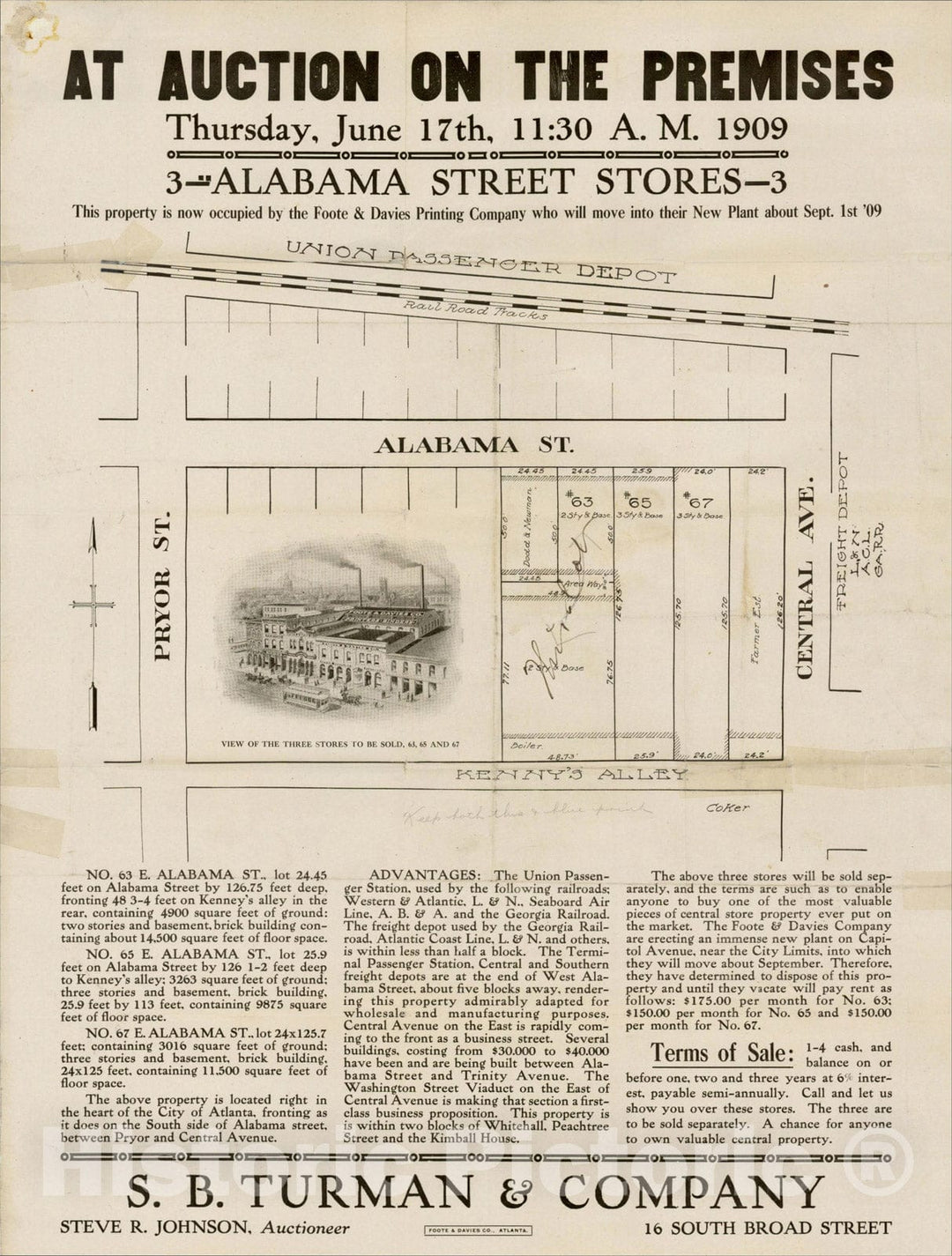 Historic Map : [Underground Atlanta] At Auction On The Premises -- Alabama Street Stores, 1909, Foote & Davies, Vintage Wall Art