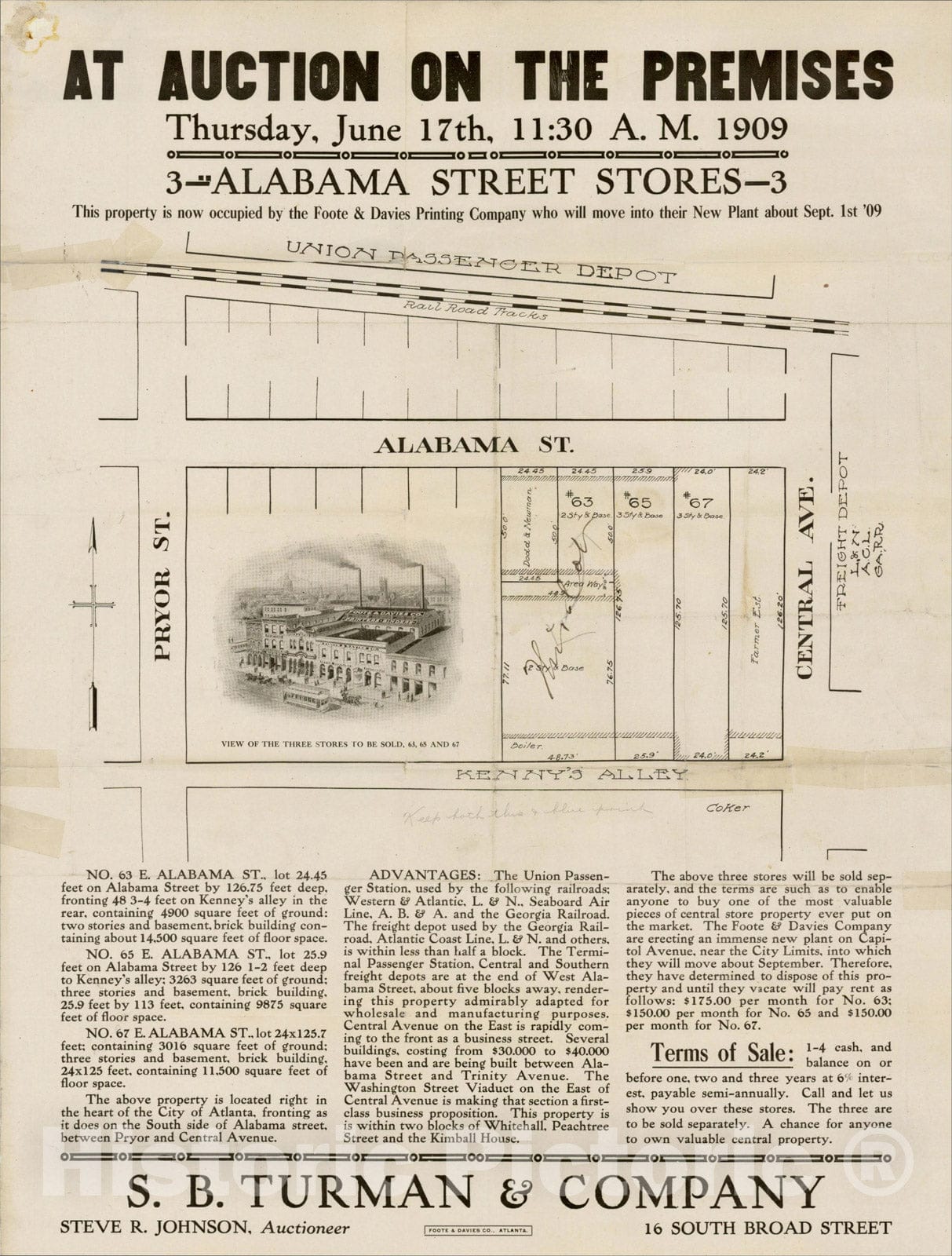 Historic Map : [Underground Atlanta] At Auction On The Premises -- Alabama Street Stores, 1909, Foote & Davies, Vintage Wall Art