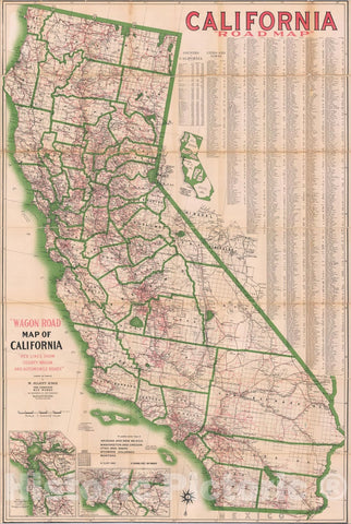 Historic Map : Wagon Road Map of California Red Lines Show State Wagon Roads and System of State Highway Commission Surveys, 1916, W. Elliott Judge, Vintage Wall Art