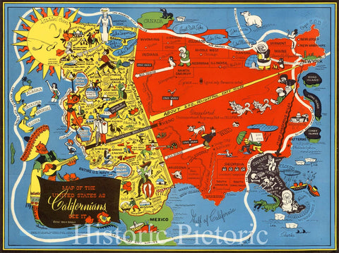 Historic Map : Map of the United States as Californians See It., 1947, Oren Arnold, v1, Vintage Wall Art