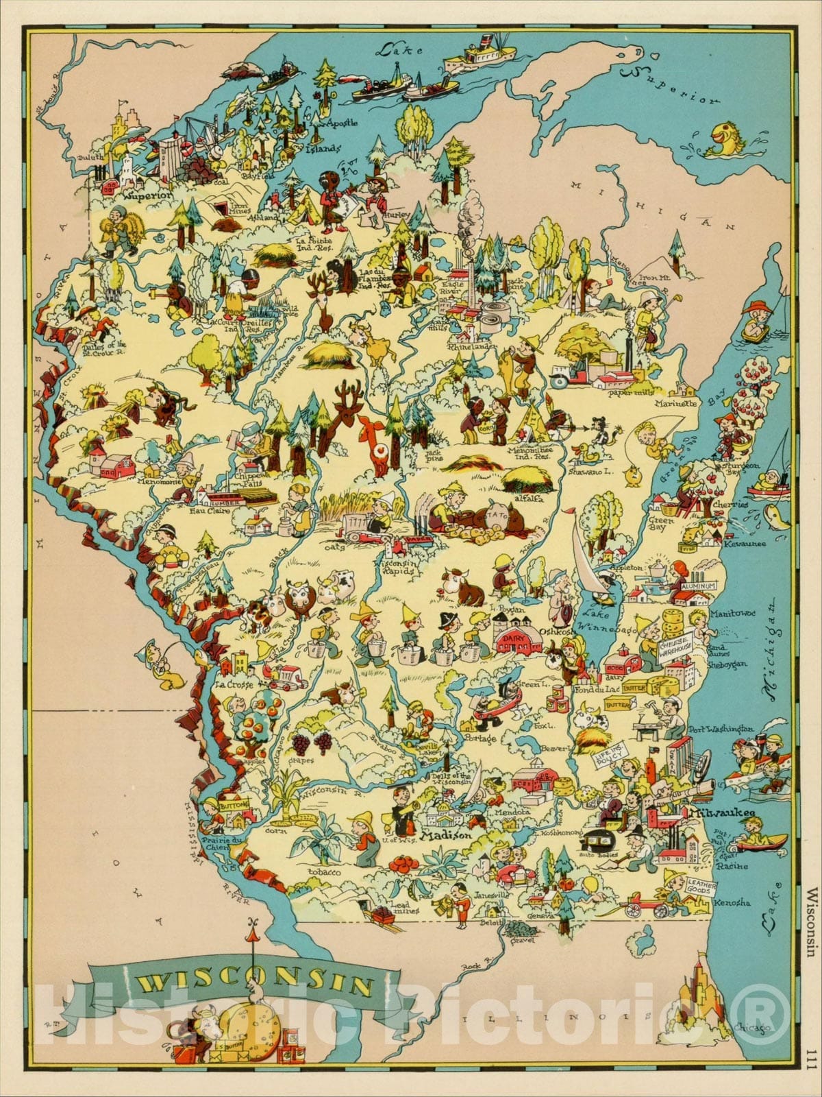 Wisconsin Pictographic Map 1935 | Vintage Historical Print – Historic ...